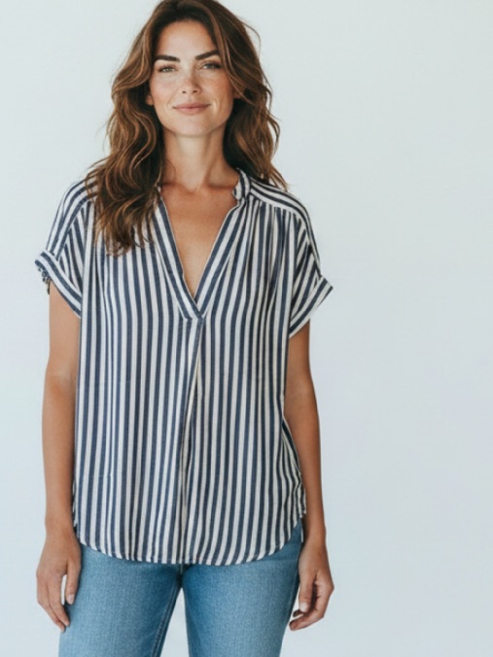 Workshop Republic Clothing Navy & White Striped Button-Down V-Neck Top